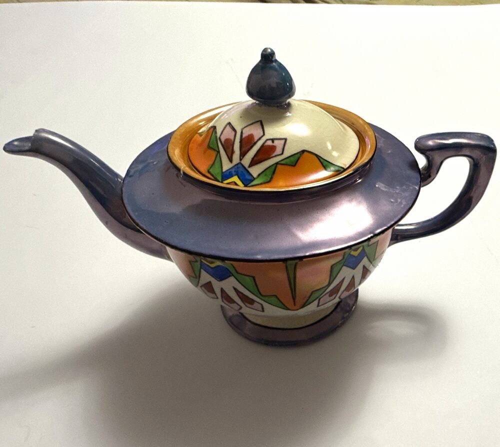 Vintage 1930s Seiei Co Japan Art Deco Lusterware Teapot Hand Painted Iridescent